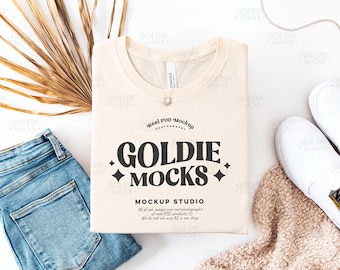 Bella Canvas 3001 Natural Shirt Flat Lay Mockup | BC 3001 Natural Folded Tshirt Mock-up | Real Product Mock | Neutral Boho Flatlay Aesthetic