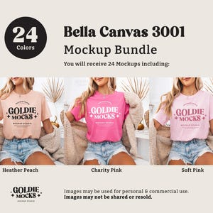 May include: A mockup bundle of 24 Bella Canvas 3001 t-shirts in various colors. The t-shirts are shown on models wearing them. The t-shirts feature a logo that says "Goldie Mocks" with a diamond pattern. The text "You will receive 24 Mockups including:" is also visible.