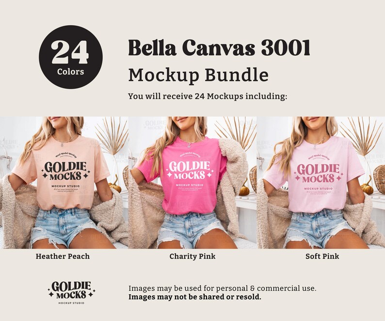 May include: A mockup bundle of 24 Bella Canvas 3001 t-shirts in various colors. The t-shirts are shown on models wearing them. The t-shirts feature a logo that says "Goldie Mocks" with a diamond pattern. The text "You will receive 24 Mockups including:" is also visible.