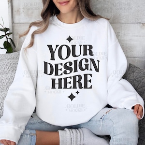 Gildan 18000 White Sweatshirt Mockup | G180 White Crewneck Mockup | Model Mock | Gildan 18000 White Sweater | Simple Aesthetic Styled Mockup