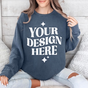 Comfort Colors C1566 Denim Sweatshirt Mockup | C1566 Denim Blue Crewneck Mock-up | Model Mock | Simple Casual Dark Blue Sweatshirt Mock