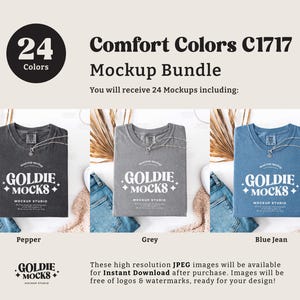 May include: A mockup bundle of 24 t-shirt designs in various colors. The t-shirts are laid flat on a surface with a light brown background. The t-shirts are all the same style, with a crew neck and short sleeves. The text "Comfort Colors C1717 Mockup Bundle" is displayed at the top of the image. The text "You will receive 24 Mockups including:" is displayed below the title. The text "GOLDIE MOCKS" is displayed on each t-shirt.