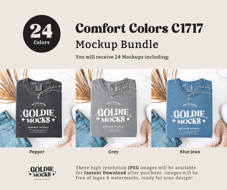May include: A mockup bundle of 24 t-shirt designs in various colors. The t-shirts are laid flat on a surface with a light brown background. The t-shirts are all the same style, with a crew neck and short sleeves. The text "Comfort Colors C1717 Mockup Bundle" is displayed at the top of the image. The text "You will receive 24 Mockups including:" is displayed below the title. The text "GOLDIE MOCKS" is displayed on each t-shirt.