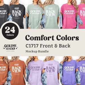 以下が含まれることがあります： さまざまな色のTシャツのモックアップバンドルで、前面と背面を表示しています。シャツには「GOLDIE MOCKS」と「BACK VIEW」の文字が表示されています。画像には「24 Colors」と「Comfort Colors C1717 Front & Back Mockup Bundle」の文字が含まれています。