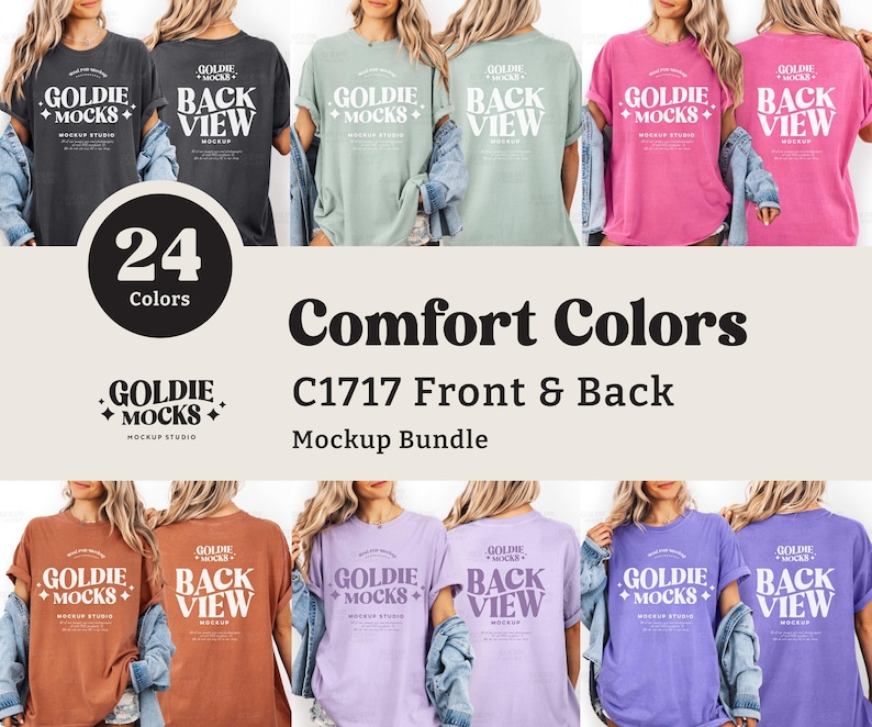 May include: A mockup bundle featuring t-shirts in various colors, showcasing front and back views. The shirts display the text "GOLDIE MOCKS" and "BACK VIEW". The image includes the text "24 Colors" and "Comfort Colors C1717 Front & Back Mockup Bundle".
