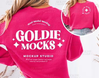 Gildan 18000 Heliconia Sweatshirt Front & Back Mockup | G180 Pink Crewneck Sweater Split Mock-up | Real Model Mock | Neutral Dual Back View