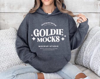 Modelo de moletom com capuz Gildan 18500 Dark Heather | Maquete de moletom com capuz G185 | Modelo | Gildan 18500 Moletom Com Capuz | Simulação básica com capuz de urze escura