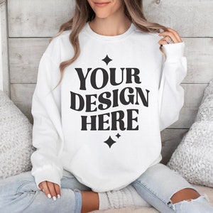 Comfort Colors C1566 White Sweatshirt Mockup | C1566 White Crewneck Mock-up | Real Model Mock | Simple Neutral Aesthetic White Sweater Mock