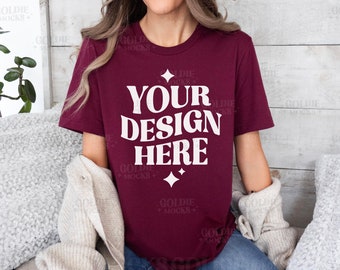 Bella Canvas 3001 Maroon Tshirt Mockup | 3001 Maroon T-shirt Mockup | Real Model Mock | Simple Aesthetic Cozy Maroon Bella Canvas Shirt Mock