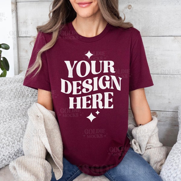 Bella Canvas 3001 Maroon Tshirt Mockup | 3001 Maroon T-shirt Mockup | Real Model Mock | Simple Aesthetic Cozy Maroon Bella Canvas Shirt Mock