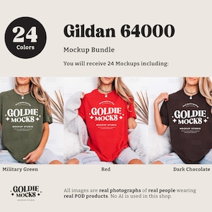 May include: A mockup bundle featuring three t-shirts in military green, red, and dark chocolate. Each shirt displays the "GOLDIE MOCKS" logo. The image includes the text "Gildan 64000" and "24 Colors". The text also states that the images are real photographs of real people wearing real POD products.