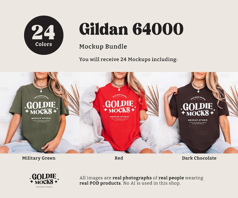May include: A mockup bundle featuring three t-shirts in military green, red, and dark chocolate. Each shirt displays the "GOLDIE MOCKS" logo. The image includes the text "Gildan 64000" and "24 Colors". The text also states that the images are real photographs of real people wearing real POD products.
