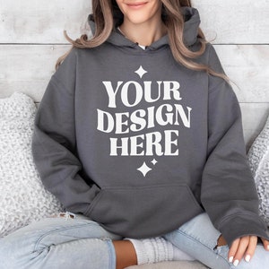 Gildan 18500 Charcoal Hoodie Mockup | G185 Hooded Sweatshirt Mockup | Model | Gildan Charcoal Hoodie | Simple Lifestyle Charcoal Hoodie Mock