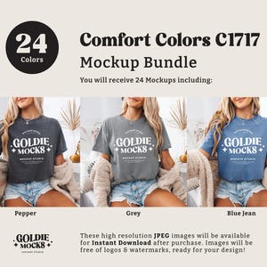 K&ouml;nnte beinhalten: Ein Mockup-Paket mit 24 T-Shirt-Designs mit dem Text "Goldie + Mocks" in einer Retro-Schriftart. Die Shirts sind in drei Farben dargestellt: Pfeffer, Grau und Jeansblau.