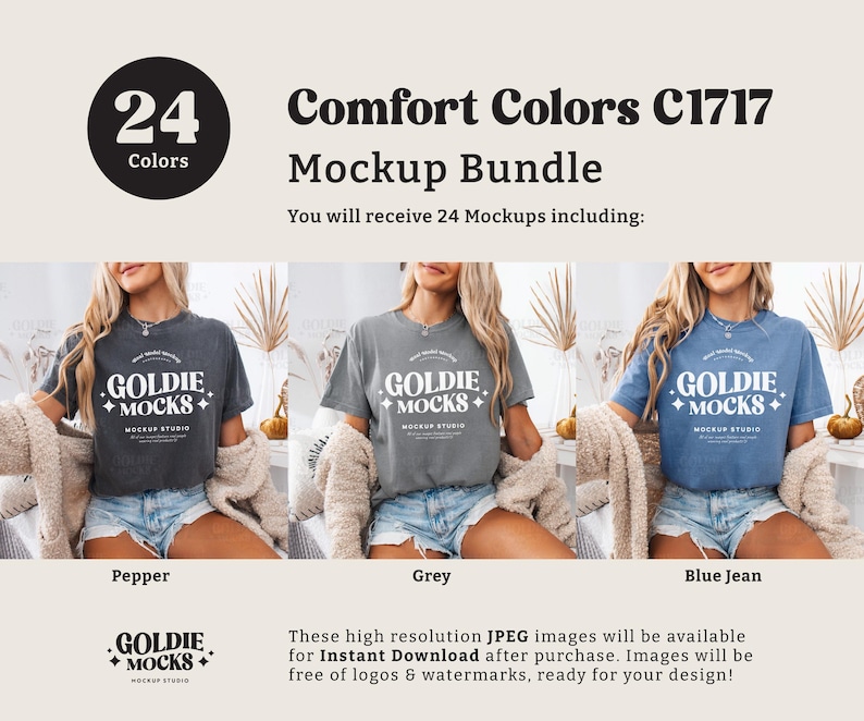 K&ouml;nnte beinhalten: Ein Mockup-Paket mit 24 T-Shirt-Designs mit dem Text "Goldie + Mocks" in einer Retro-Schriftart. Die Shirts sind in drei Farben dargestellt: Pfeffer, Grau und Jeansblau.