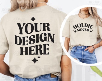 May include: A beige t-shirt mockup with the text "YOUR DESIGN HERE" printed on the back. The shirt is being worn by a person with their back to the camera. The person is wearing blue jeans. A second beige t-shirt mockup is shown in the image, with the text "GOLDIE MOCKS" printed on the front. The shirt is being worn by a person facing the camera. The person is wearing blue jeans.
