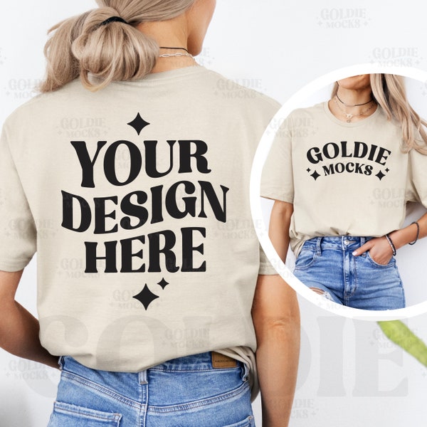 Gildan 64000 Sand Tshirt Front & Back Mockup | G640 Sand Tan Beige T-shirt Front Back Mock-up | Real Model Mock | Split View Simple Shirt