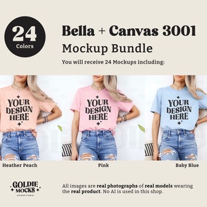 May include: Three women wearing different colored Bella + Canvas 3001 t-shirts. The shirts are heather peach, pink, and baby blue. Each shirt has the text "YOUR DESIGN HERE" printed on the front.