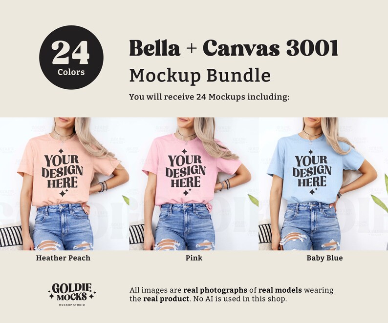 May include: Three women wearing different colored Bella + Canvas 3001 t-shirts. The shirts are heather peach, pink, and baby blue. Each shirt has the text "YOUR DESIGN HERE" printed on the front.