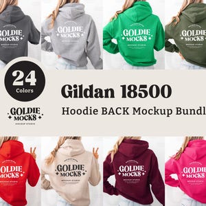 Peut inclure: Un ensemble de maquettes de 24 sweats à capuche Gildan 18500 de couleurs différentes. Les sweats à capuche sont présentés de dos et présentent un logo blanc avec le texte "GOLDIE + MOCKS" au dos.