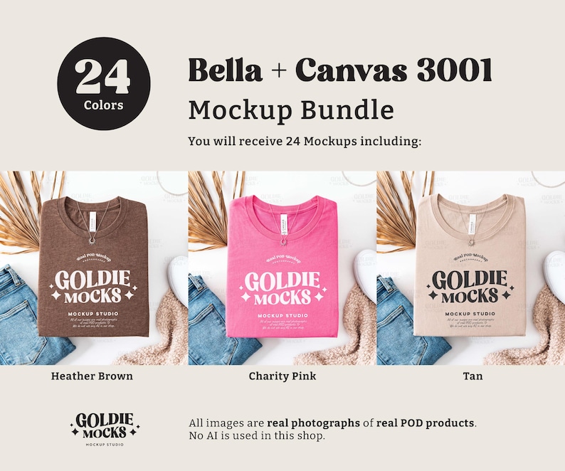 May include: A mockup bundle of 24 Bella + Canvas 3001 t-shirts in three colors: heather brown, charity pink, and tan. Each shirt features a logo with the text "Goldie Mocks" and "Mockup Studio".