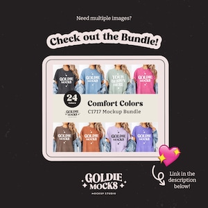 Op de afbeelding: Promotieafbeelding voor een mockup-bundel met Comfort Colors t-shirts. De afbeelding toont verschillende t-shirtkleuren, met de tekst "Check out the Bundle!" en "Comfort Colors C1717 Mockup Bundle". Het Goldie Mocks-logo is ook zichtbaar.