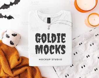Gildan 64000 White Shirt Flat Lay Mockup | Halloween G640 White Folded T-Shirt Mock-up | Real Photo | Cute Trendy Cozy Fall Aesthetic Tee