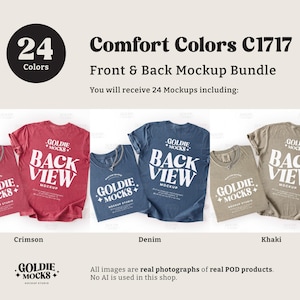 May include: A mockup bundle featuring Comfort Colors C1717 t-shirts in crimson, denim, and khaki. The shirts display the "Back View" design and the "Goldie Mocks" logo. The image includes text indicating 24 colors and the phrase "Front & Back Mockup Bundle."