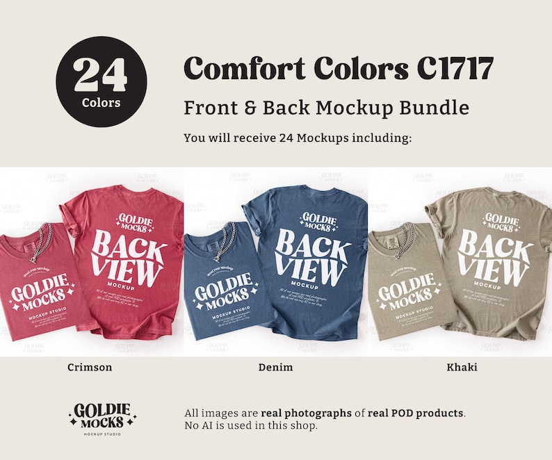 May include: A mockup bundle featuring Comfort Colors C1717 t-shirts in crimson, denim, and khaki. The shirts display the "Back View" design and the "Goldie Mocks" logo. The image includes text indicating 24 colors and the phrase "Front & Back Mockup Bundle."