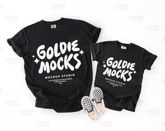Comfort Colors C9018 C1717 Black Family Tshirt Mockup | 9018 1717 Black Adult Youth T-Shirt Mock-up | Matching Mother Daughter Son Kids Mock