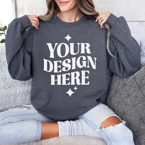 Gildan 18000 Dark Heather Sweatshirt Mockup | G180 Dark Heather Crewneck Mockup | Model | Gildan Grey Sweater | Simple Casual Flat Easy Mock