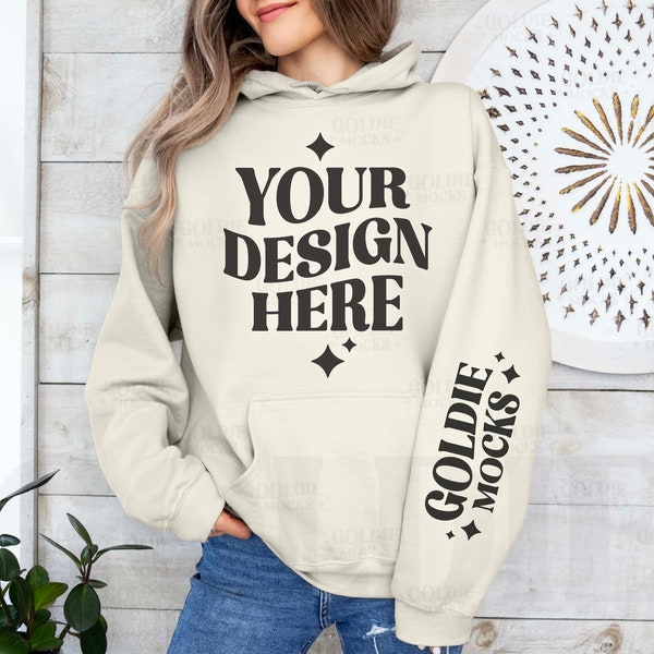 Gildan 18500 Sand Hoodie Sleeve Mockup | G185 Sand Hooded Sweatshirt Arm | Model Mock | Gildan 185 Beige Tan Hoodie Sleeve | Simple Neutral