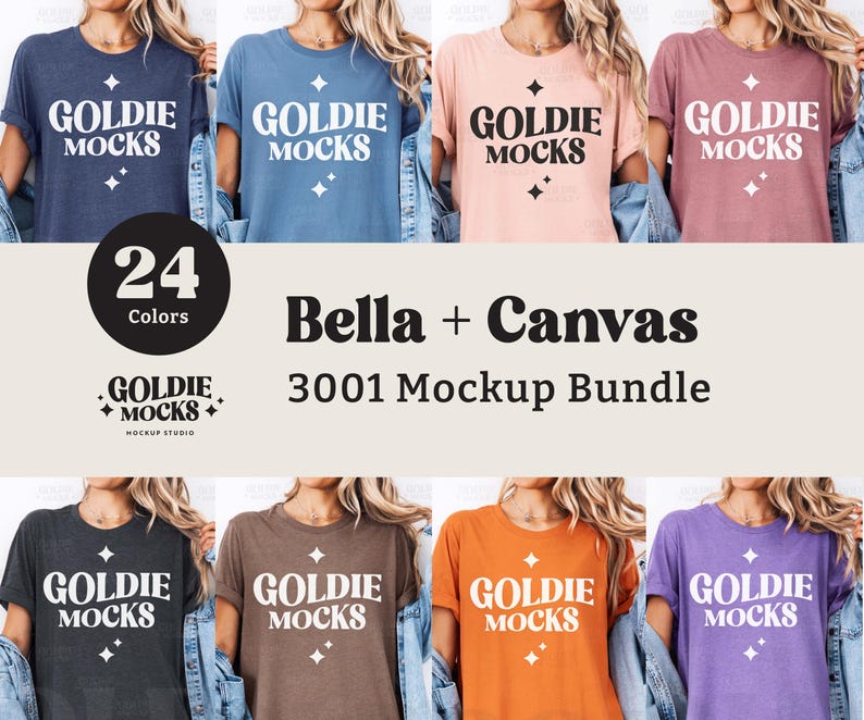Puede incluir: Un paquete de maquetas de 24 camisetas Bella + Canvas 3001 en varios colores. Las camisetas presentan un dise&ntilde;o gr&aacute;fico blanco con el texto "GOLDIE MOCKS".