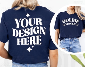 Gildan 64000 Navy Tshirt Front & Back Mockup | G640 Navy Blue T-shirt Front Back Mock-up | Real Model Mock | Split View Minimal Trendy Shirt