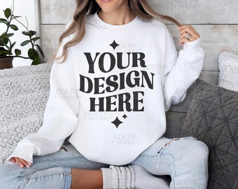 Gildan 18000 White Sweatshirt Mockup | G180 White Crewneck Mockup | Model Mock | Gildan 18000 White Sweater | Simple Natural Basic Mockup