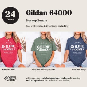 May include: A mockup bundle featuring three heathered t-shirts in red, green, and navy blue. Each shirt displays the text "GOLDIE MOCKS" in white. The image includes the text "Gildan 64000" and "24 Colors".