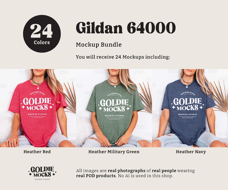 May include: A mockup bundle featuring three heathered t-shirts in red, green, and navy blue. Each shirt displays the text "GOLDIE MOCKS" in white. The image includes the text "Gildan 64000" and "24 Colors".