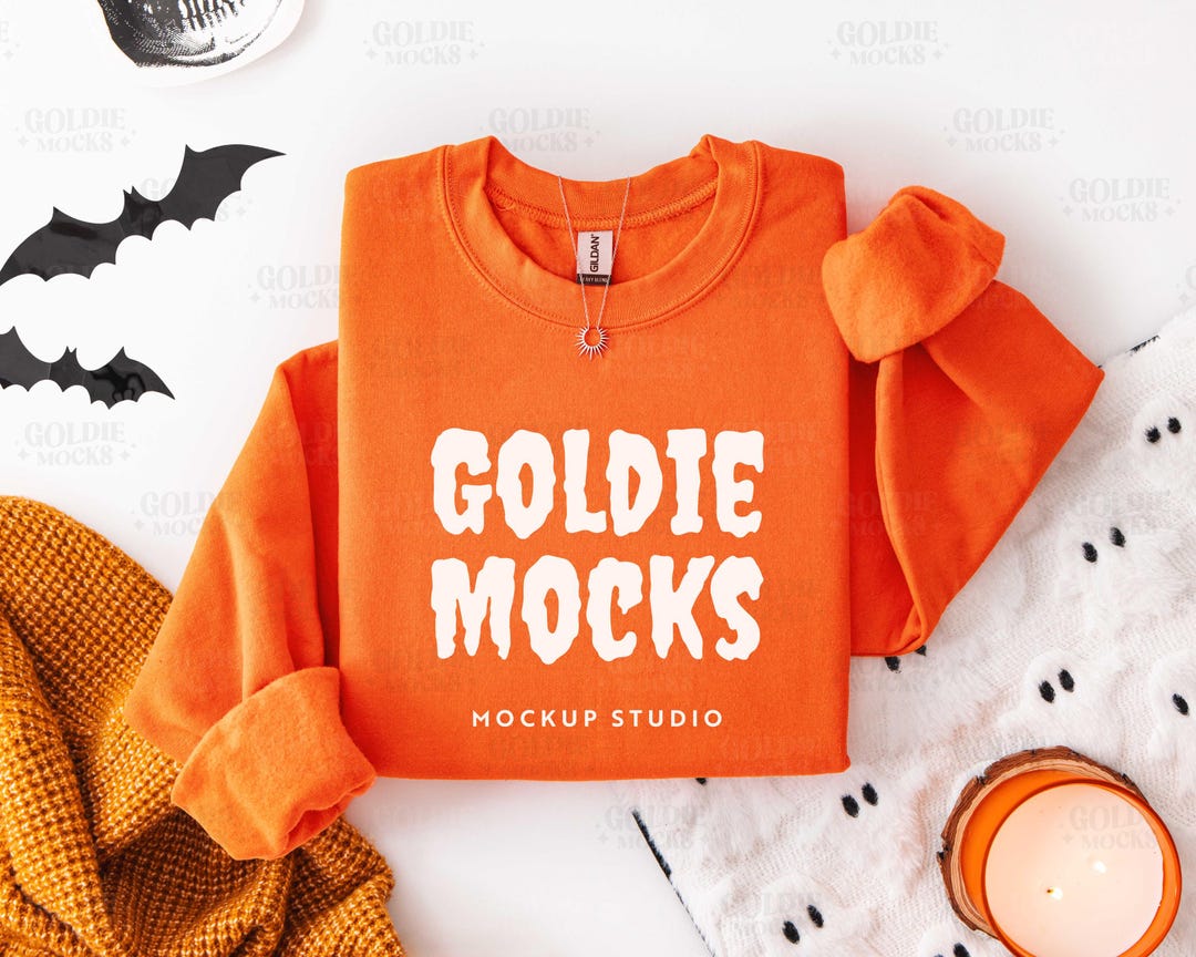 Gildan 18000 Orange Sweatshirt Flatlay Mockup | Halloween G180