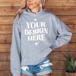 Gildan 18500 Sport Grey Hooded Sweatshirt Mockup | G185 Grey Hoodie Mock-up | Real Model Mock | Simple Casual Fun Cozy Trendy Wood Aesthetic