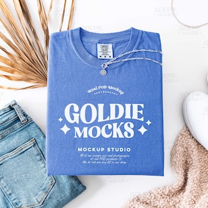 Comfort Colors C1717 Flo Blue Shirt Flat Lay Mockup | 1717 Flo Blue Folded Tshirt Mock-up | Real Product Mock | Neutral Flatlay Aesthetic