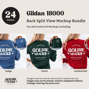 May include: Mockup bundle of 24 Gildan 18000 sweatshirts in various colors. The sweatshirts are shown on models from the back, with a split view showing the back and front of the garment. The sweatshirts feature a mock-up design with the text "Goldie Mocks" in a retro font.