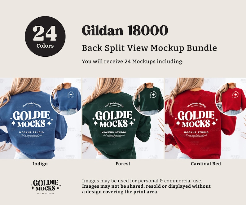 May include: Mockup bundle of 24 Gildan 18000 sweatshirts in various colors. The sweatshirts are shown on models from the back, with a split view showing the back and front of the garment. The sweatshirts feature a mock-up design with the text "Goldie Mocks" in a retro font.