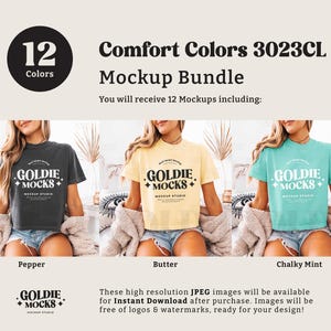 May include: A mockup bundle of 12 t-shirt designs in various colours, including pepper, butter, and chalky mint. The t-shirts feature a logo with the text "GOLDIE + MOCKS".