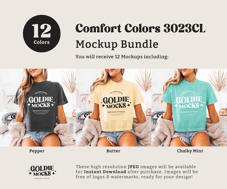 May include: A mockup bundle of 12 t-shirt designs in various colours, including pepper, butter, and chalky mint. The t-shirts feature a logo with the text "GOLDIE + MOCKS".