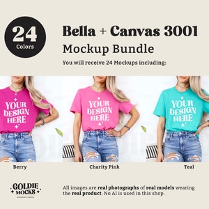 May include: A mockup bundle of 24 t-shirt designs featuring three different colors: berry, charity pink, and teal. The t-shirts are shown on models wearing jeans. The text "Your Design Here" is printed on each t-shirt.