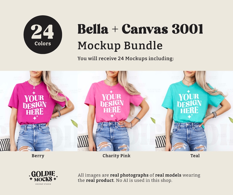 May include: A mockup bundle of 24 t-shirt designs featuring three different colors: berry, charity pink, and teal. The t-shirts are shown on models wearing jeans. The text "Your Design Here" is printed on each t-shirt.