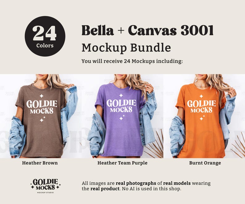 Puede incluir: Tres mujeres vistiendo camisetas de diferentes colores con el texto "GOLDIE MOCKS" impreso en la parte delantera. Las camisetas son marr&oacute;n jaspeado, morado jaspeado y naranja quemado. Las mujeres llevan chaquetas vaqueras y est&aacute;n de pie frente a un fondo blanco.