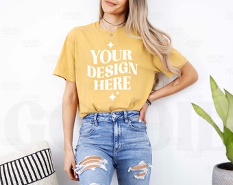 Comfort Colors C1717 Mustard Shirt Mockup | CC 1717 Mustard Yellow T-shirt Mockup | Real Model Mock Simple Minimal Neutral Aesthetic Tshirt