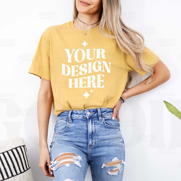 Comfort Colors C1717 Mustard Shirt Mockup | CC 1717 Mustard Yellow T-shirt Mockup | Real Model Mock Simple Minimal Neutral Aesthetic Tshirt