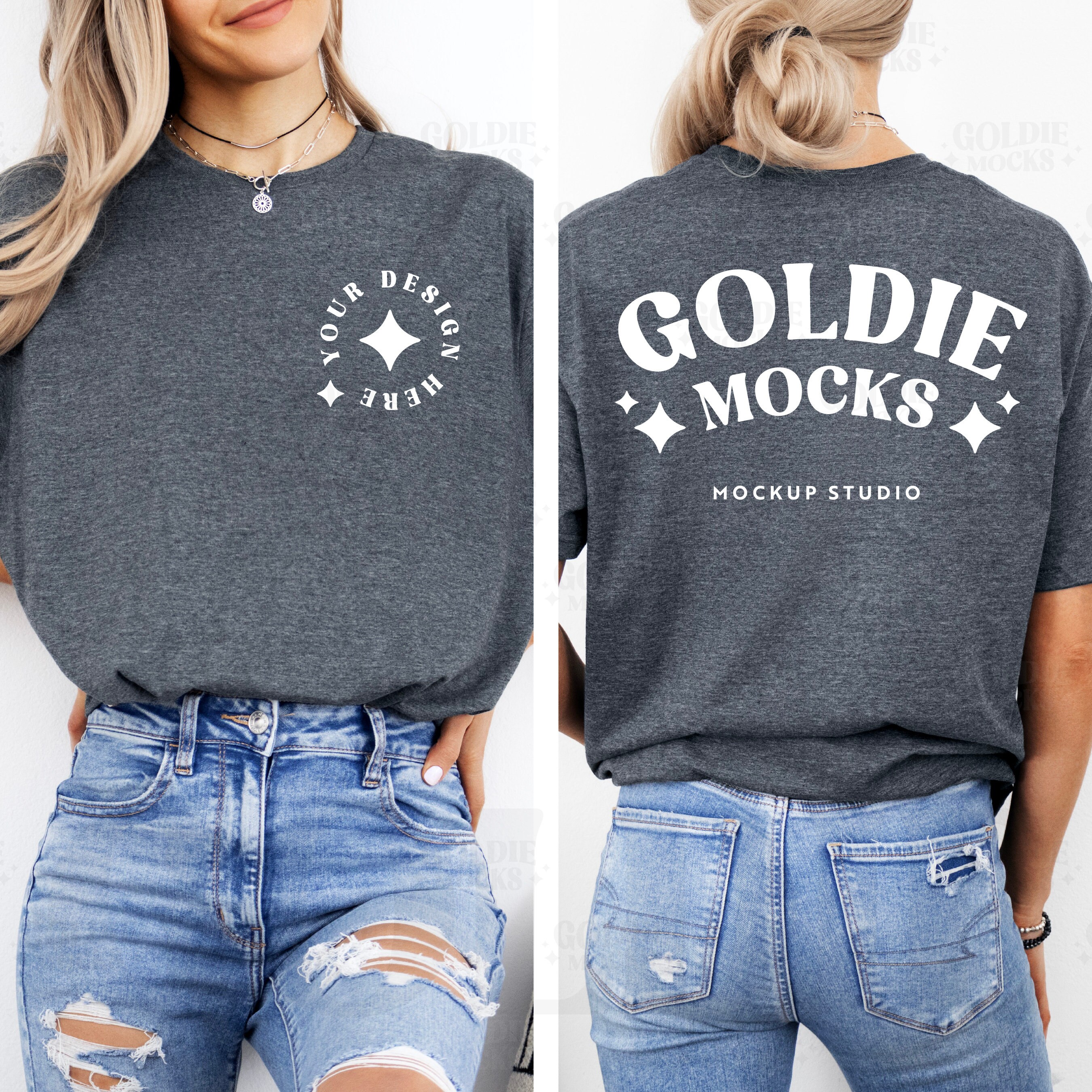 Gildan 64000 Dark Heather Tshirt Front & Back Mockup | G640 Dark